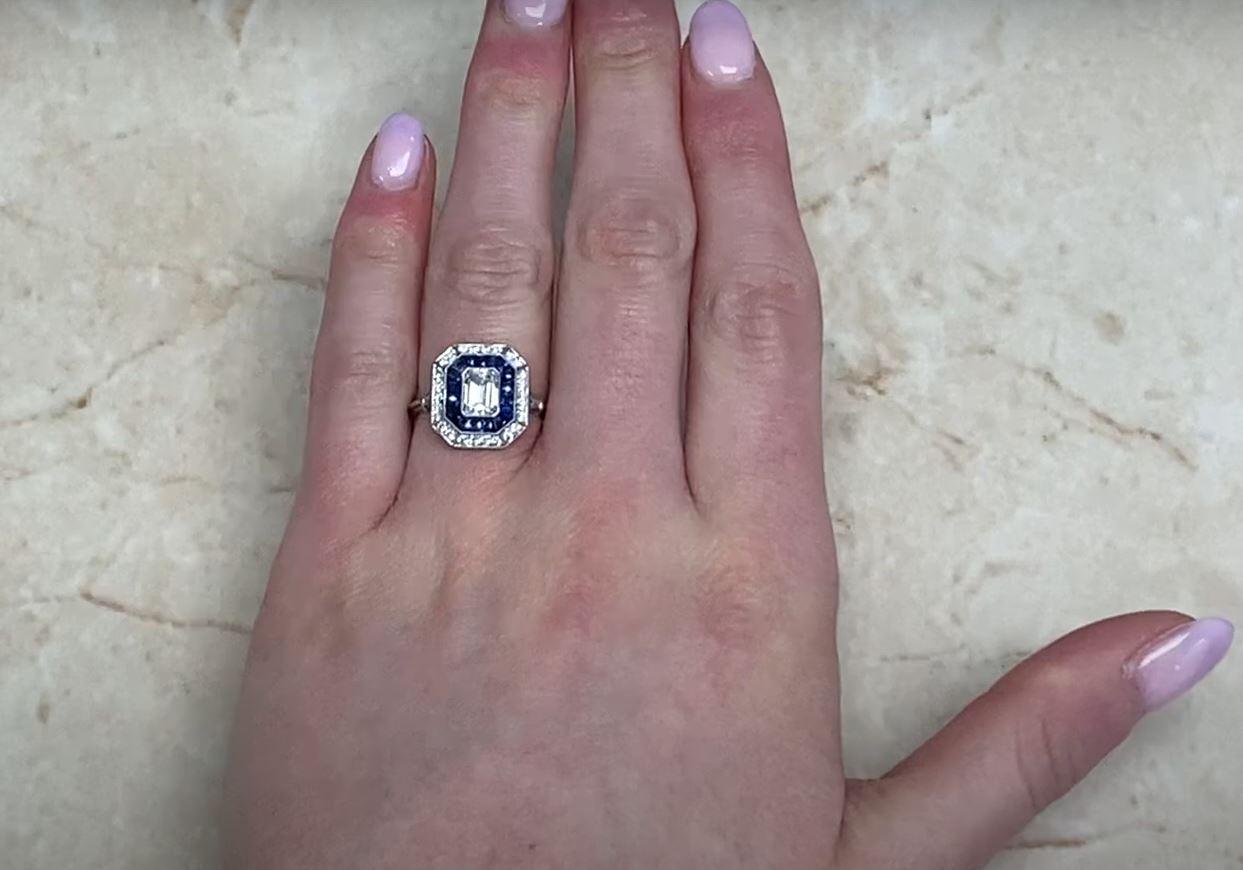 GIA 0.87ct Emerald Cut Diamond Engagement Ring, Diamond&Sapphire Halo, Platinum For Sale 5