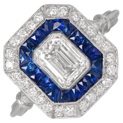 GIA Bague de fiançailles diamant taille émeraude 0,87ct, halo diamant et saphir, platine