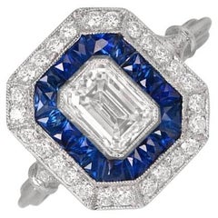 GIA 0.87ct Emerald Cut Diamond Engagement Ring, Diamond&Sapphire Halo, Platinum