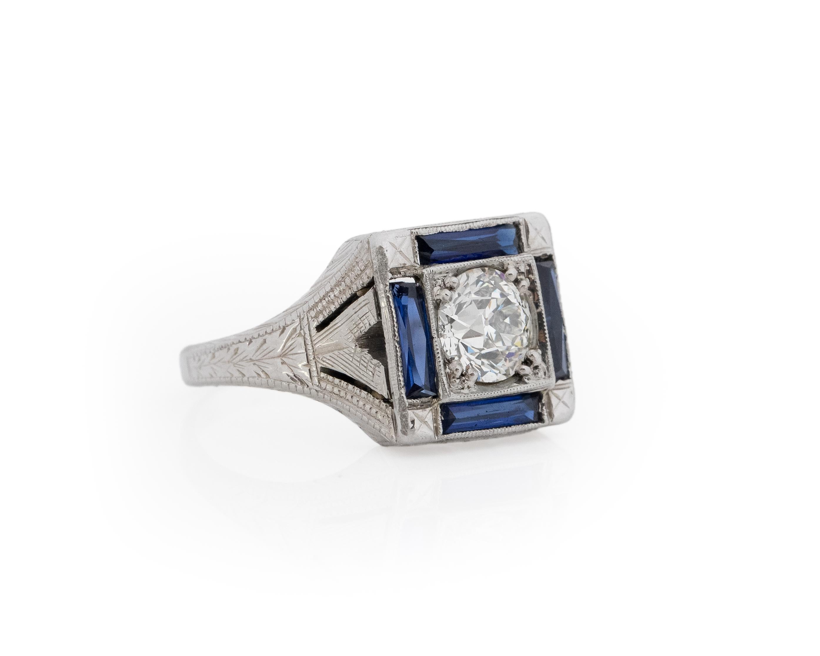 Year: 1930s

Item Details:
Ring Size: 7
Metal Type: 18k White Gold [Hallmarked, and Tested]
Weight: 4.8 grams

Center Diamond Details:

GIA Report#: 5231081738
Weight: .88ct total weight
Cut: Old European brilliant
Color: J
Clarity: VS2
Type: