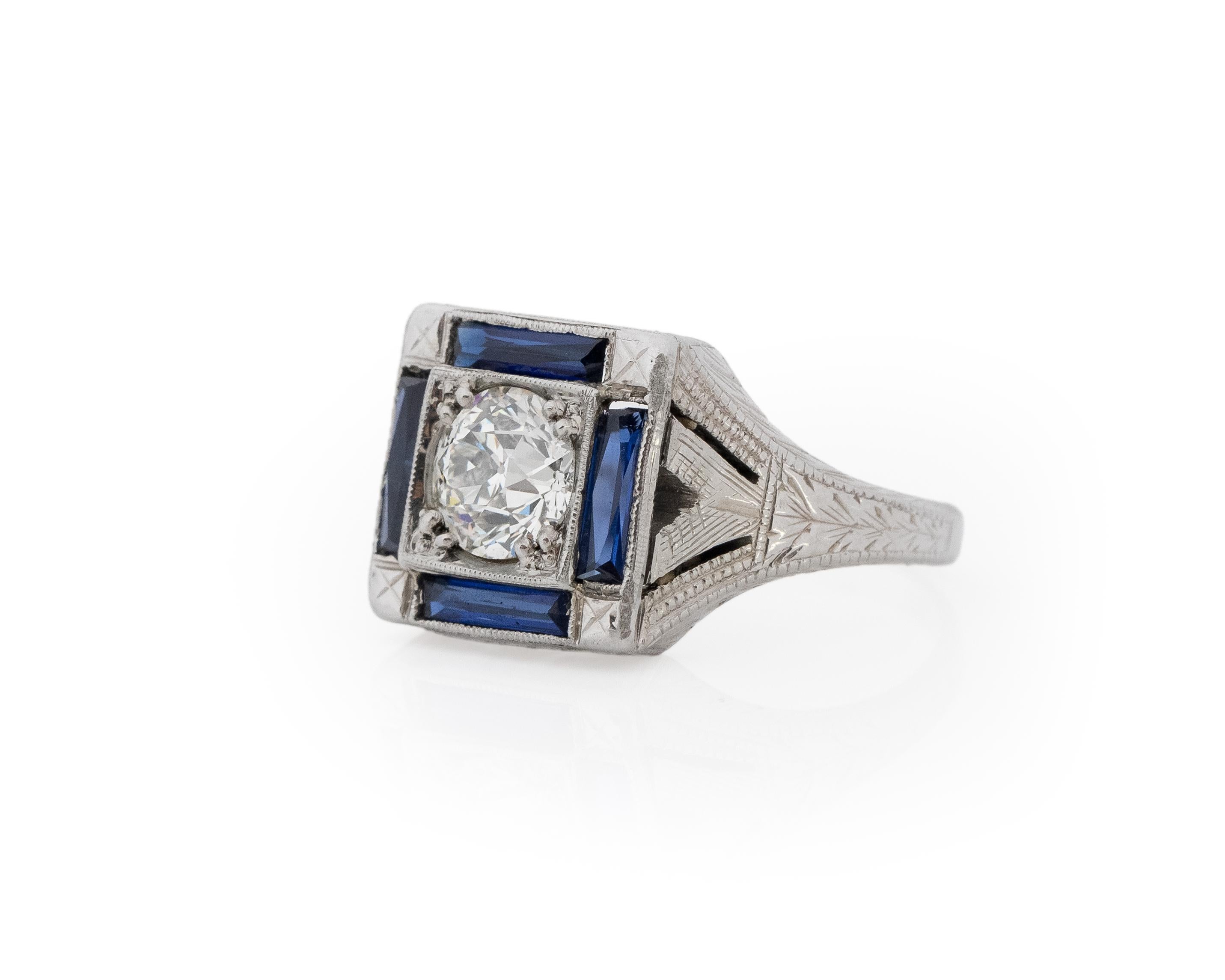 Old European Cut GIA 0.88 Carat Total Weight Art Deco Diamond 18 Karat White Gold Engagement Ring For Sale