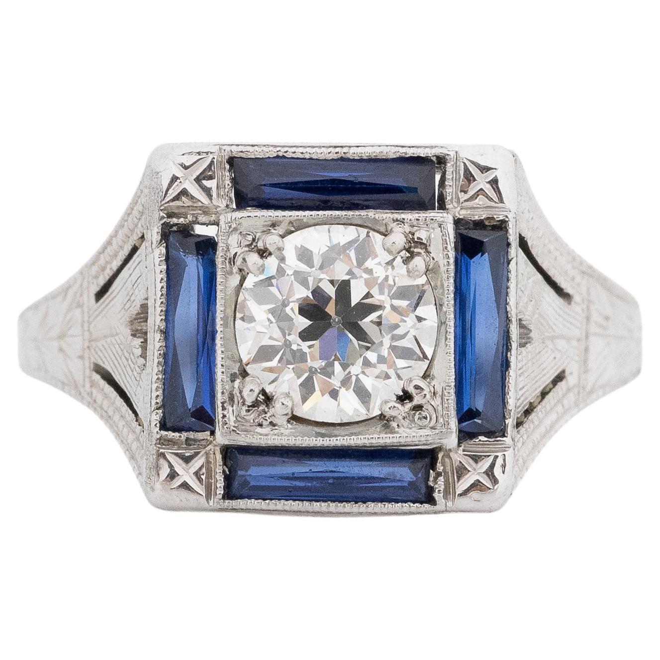 GIA 0.88 Carat Total Weight Art Deco Diamond 18 Karat White Gold Engagement Ring For Sale