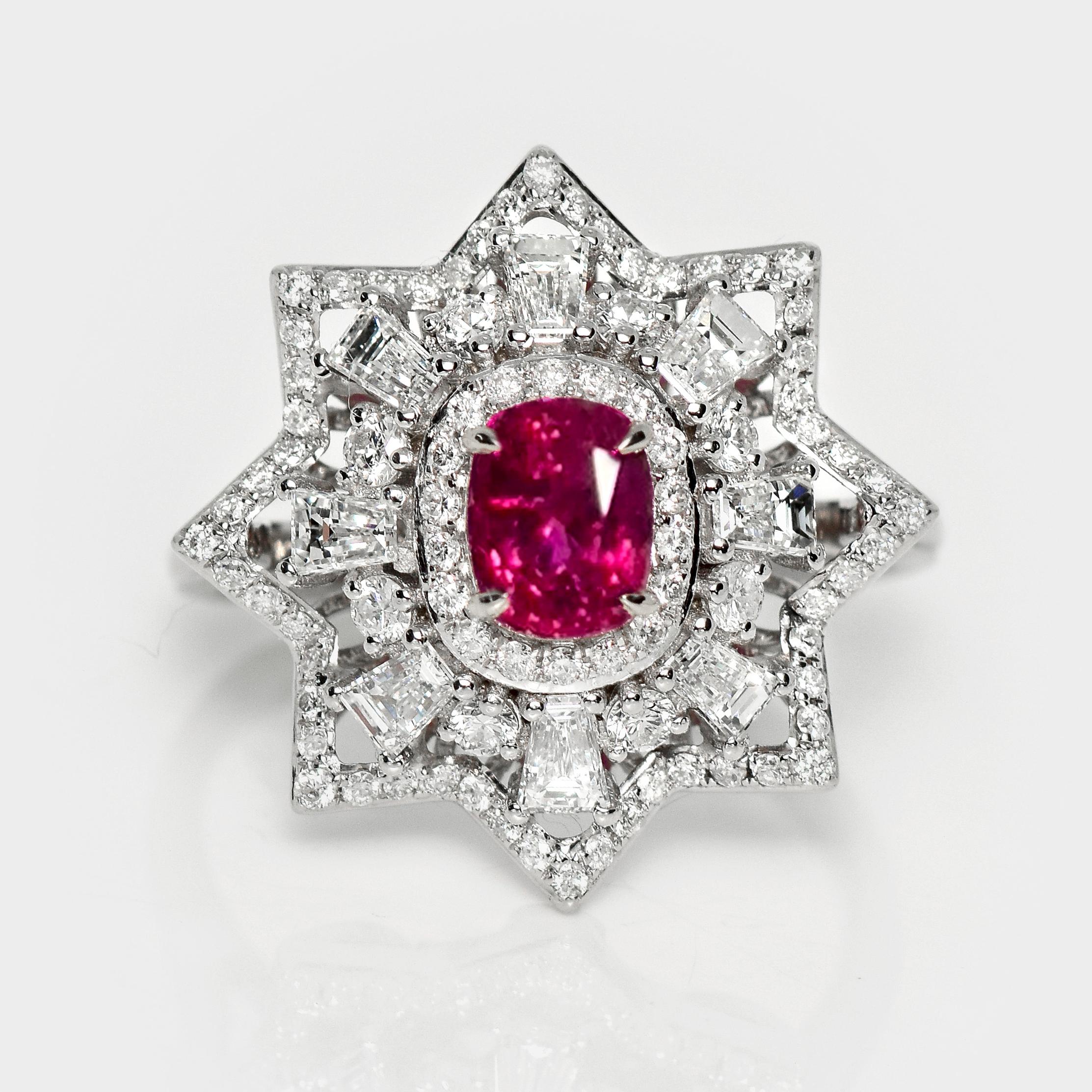 *GIA 0.88 ct 18K White Gold Unheated Afghanistan Ruby Engagement Ring*

GIA-certified natural unheated Afghanistan Ruby as the center stone weighing 0.88 ct set on the 18K white gold halo design pave' band with natural FG VS diamonds weighing 1.11