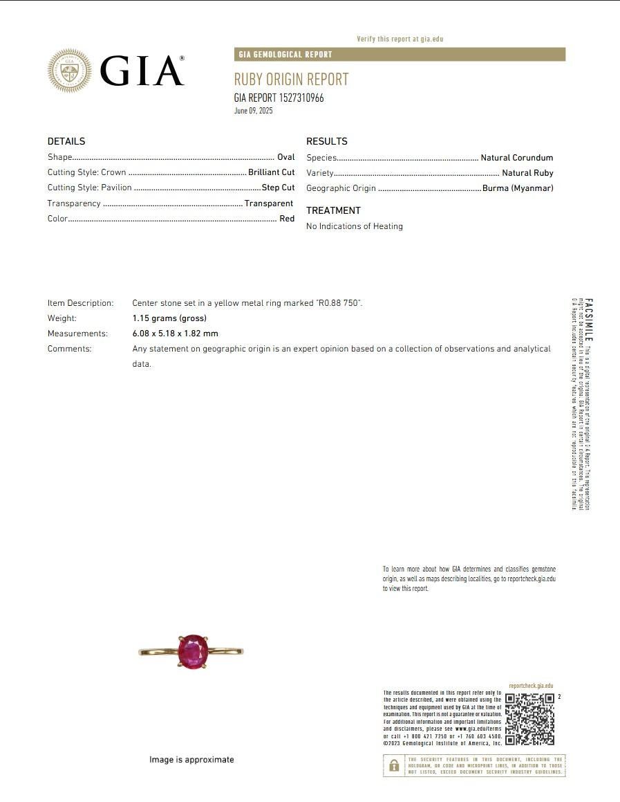 GIA 0,88ct Burmese Unheated Ruby Ring (Ruby Solitaire Ring)-1,55 gramme en vente 6
