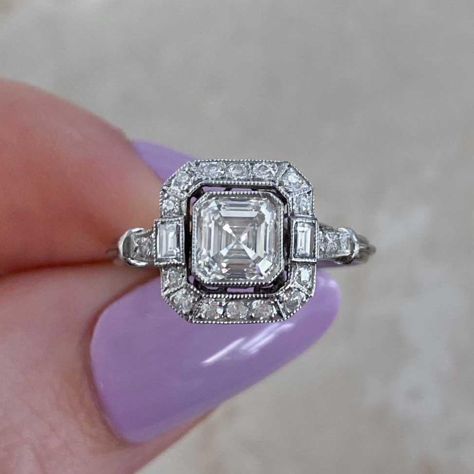 GIA 0.89ct Asscher Cut Diamond Engagement Ring, H Color, Diamond Halo, Platinum For Sale 5