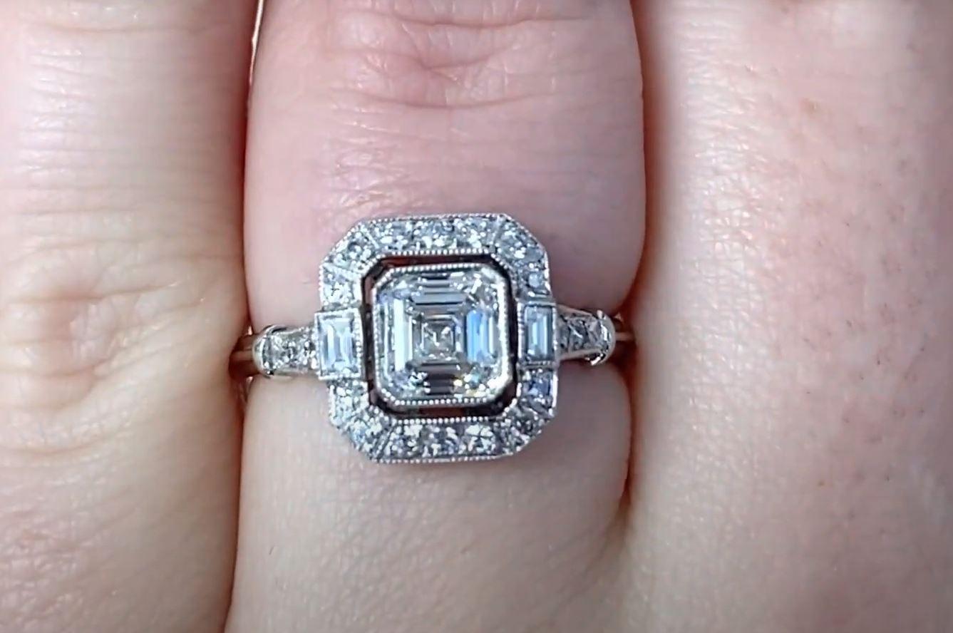Women's GIA 0.89ct Asscher Cut Diamond Engagement Ring, H Color, Diamond Halo, Platinum For Sale