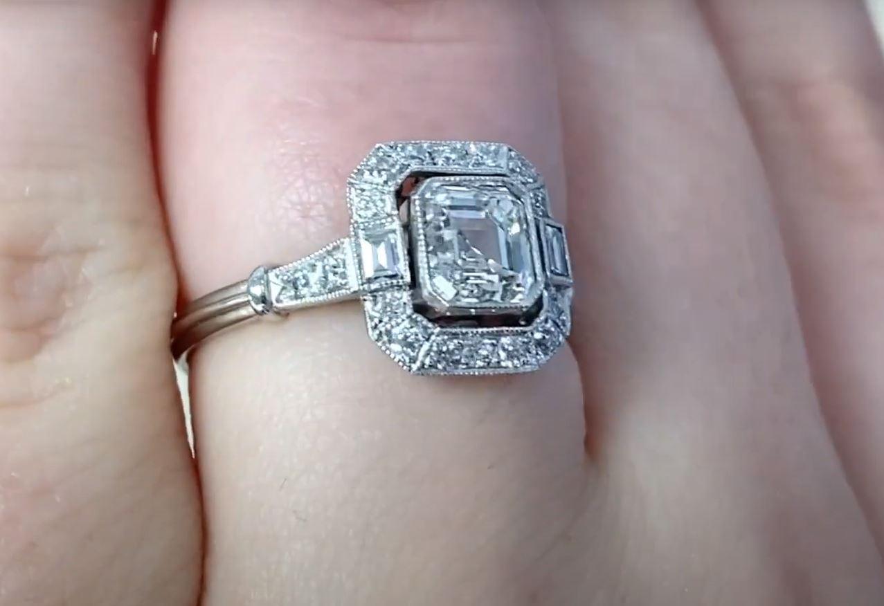GIA 0.89ct Asscher Cut Diamond Engagement Ring, H Color, Diamond Halo, Platinum For Sale 1