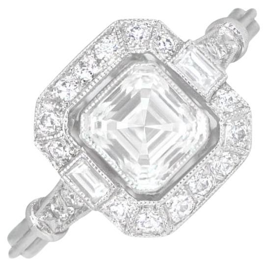 GIA 0.89ct Asscher Cut Diamond Engagement Ring, H Color, Diamond Halo, Platinum For Sale