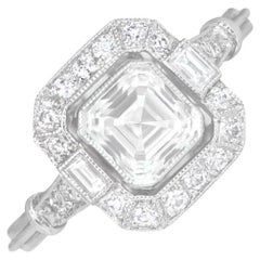 GIA 0.89ct Asscher Cut Diamond Engagement Ring, H Color, Diamond Halo, Platinum