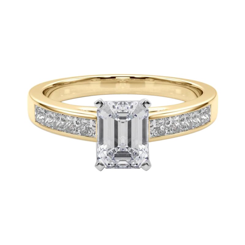 GIA 0.8ct Emerald Princess Channel Solitaire Center Yellow Gold Diamond Ring