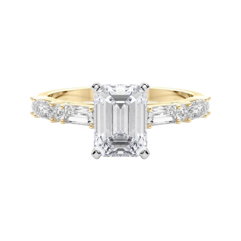 GIA 0,8ct Smeraldo rotondo e Baguette Anello con diamante a canale in oro giallo 18 carati
