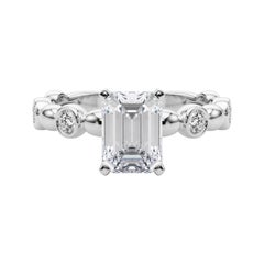 GIA 0.8ct Emerald Side Stone Bezel Band Solitaire White Gold Diamond Ring