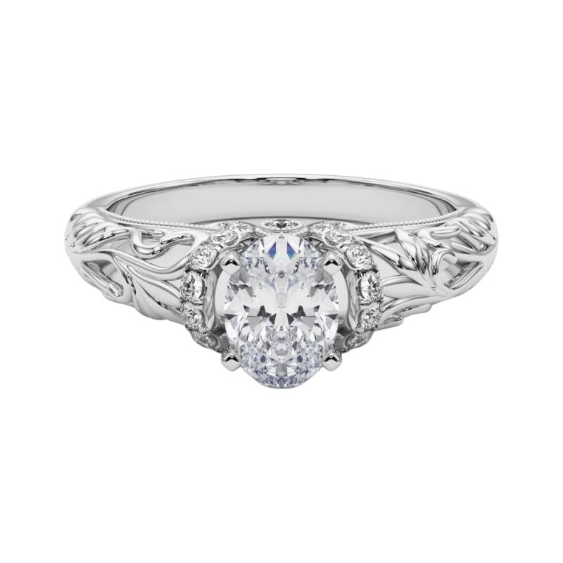 GIA 0,8ct Anello di diamanti ovali Chevron Halo Floral Filigree in oro bianco 18 carati