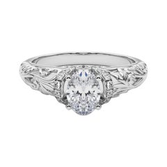 GIA 0,8ct Anello di diamanti ovali Chevron Halo Floral Filigree in oro bianco 18 carati
