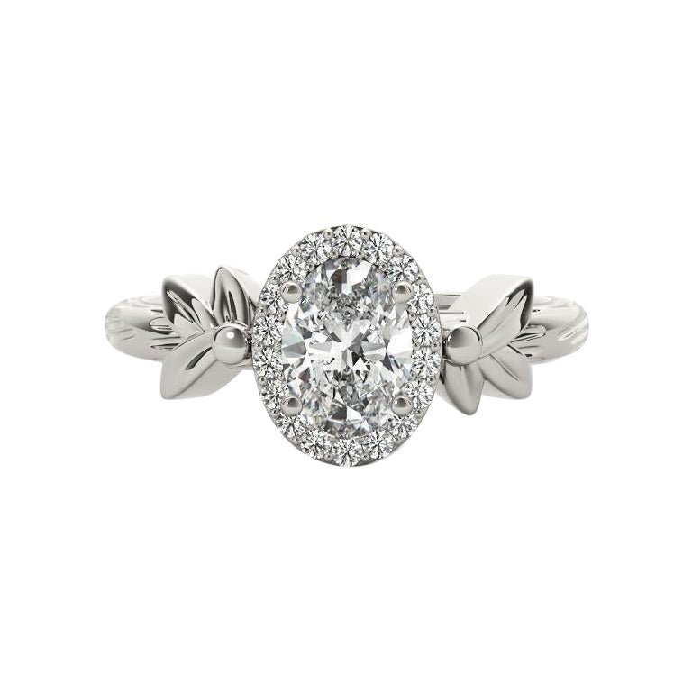 GIA Anello con diamante solitario ovale da 0.8 carati con taglio a foglia di giardino