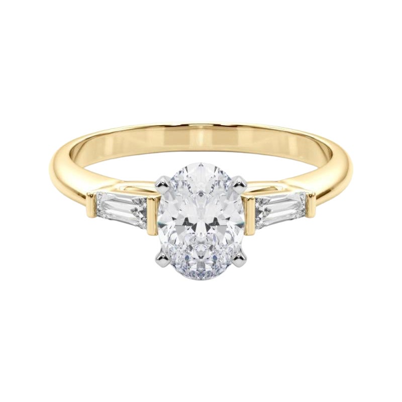 GIA 0.8ct Oval Three-Stone Tapered Baguette 18K Yellow Gold Diamond Ring