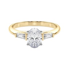GIA 0.8ct Oval Three-Stone Tapered Baguette 18K Yellow Gold Diamond Ring