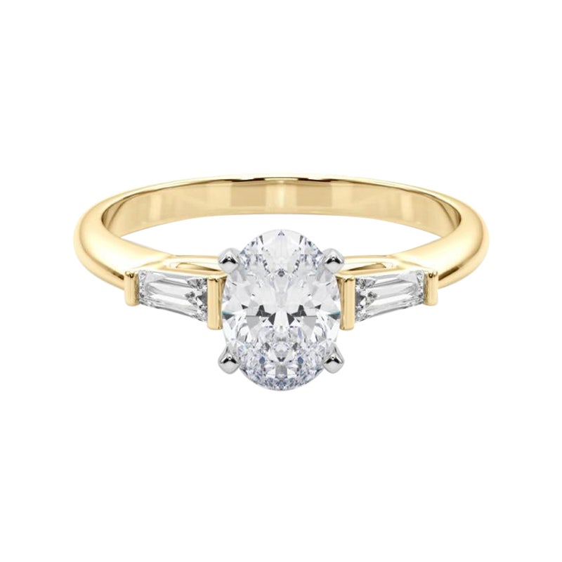 GIA 0.8ct Oval Three-Stone Tapered Baguette 18K Yellow Gold Diamond Ring