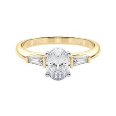 GIA 0.8ct Oval Three-Stone Tapered Baguette 18K Yellow Gold Diamond Ring