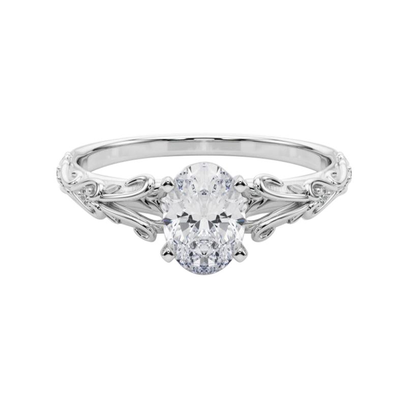GIA 0,8ct Oval Vintage 3-Stone Heart & Vine Anello di diamanti in oro bianco 18K