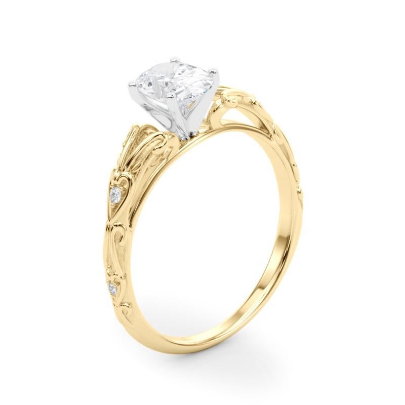 GIA 0,8ct Oval Vintage 3-Stone Heart & Vine Anello di diamanti in oro giallo 18K in vendita 1