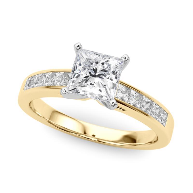 GIA 0.8ct Prinzessin Kanal Solitär Zentrum Gelbgold Diamantring (Carréschliff) im Angebot