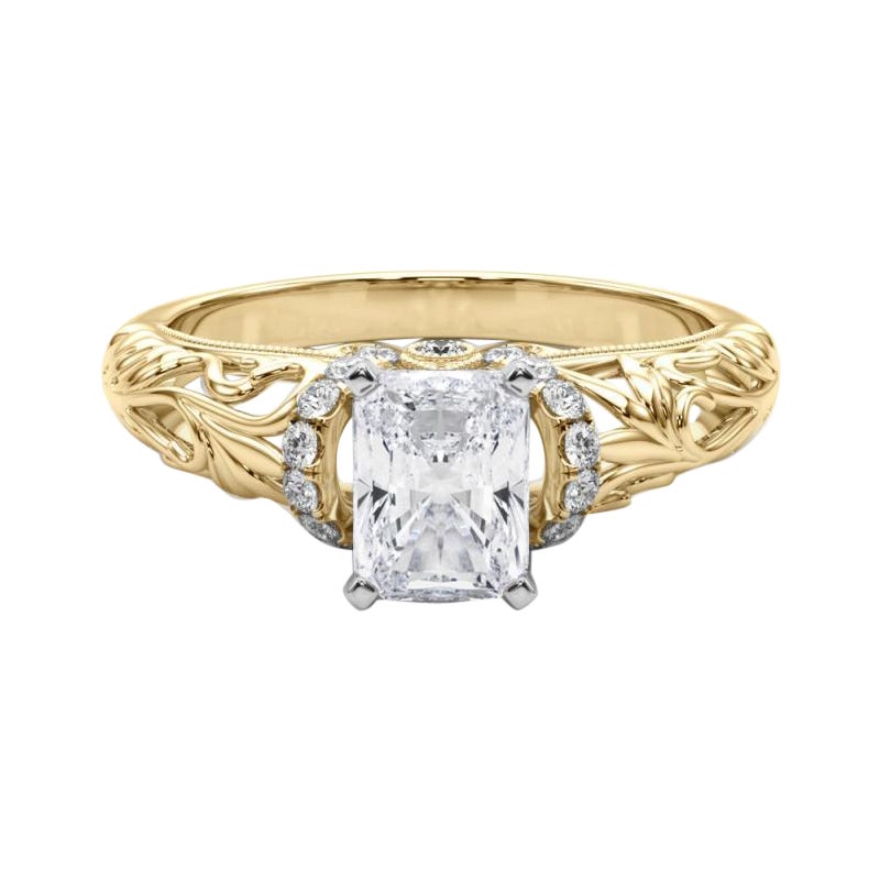 GIA 0,8ct Anello con diamanti radianti Chevron Halo Floral Filigree in oro giallo 18K