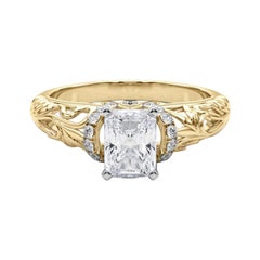 GIA 0,8ct Anello con diamanti radianti Chevron Halo Floral Filigree in oro giallo 18K
