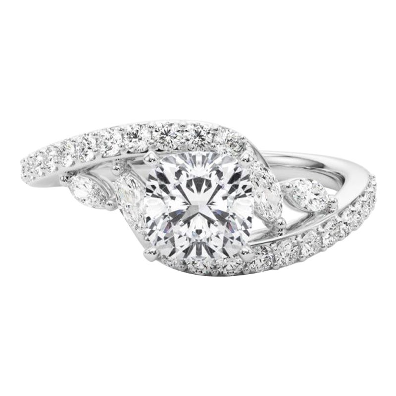 Bague en or blanc GIA 0,9 carat Cushion Curved Bypass Leaf & Vine 18K Diamond Ring
