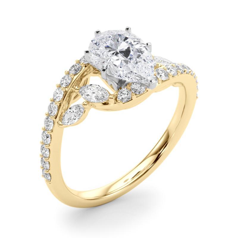 Bague en or jaune GIA 0,9 carat Pear Curved Bypass Leaf & Vine Pour femmes en vente