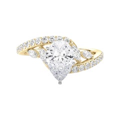GIA 0.9 Carat Pear Curved Bypass Leaf & Vine 18K Yellow Gold Diamond Ring