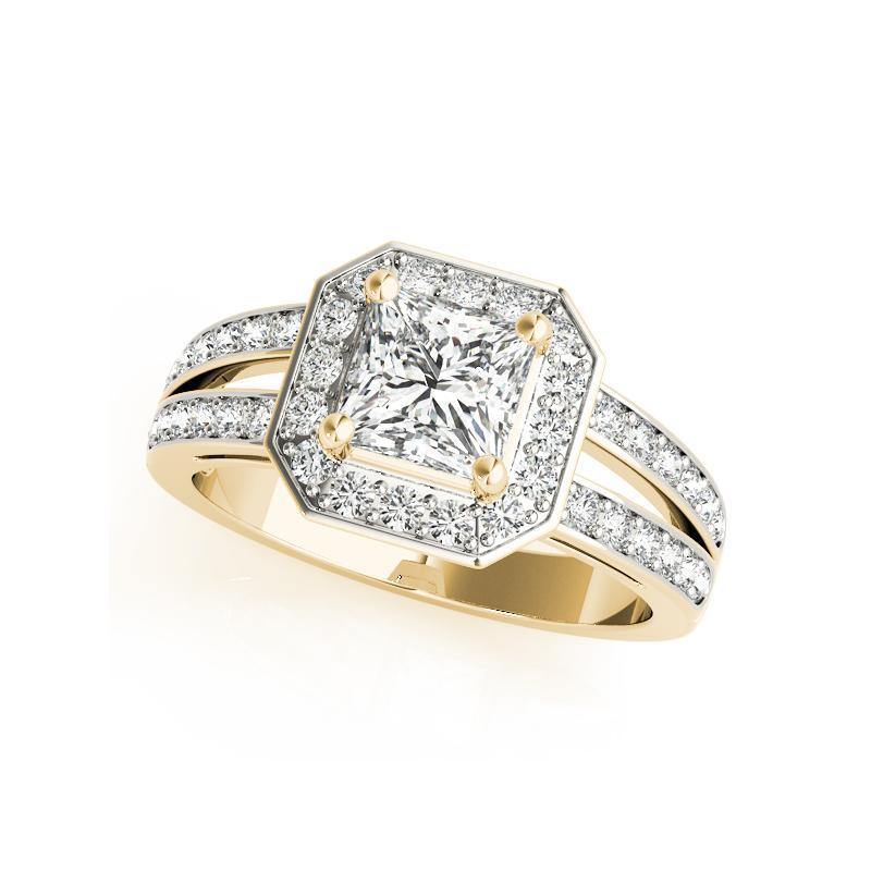 Taille princesse GIA 0.9 Carat Princesse Cushion Halo Split Shank Bague diamant en or jaune 18K en vente