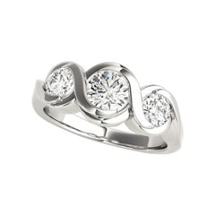 GIA 0.9 Carat Round Three-Stone Oceanic Swirl 18K White Gold Diamond Ring
