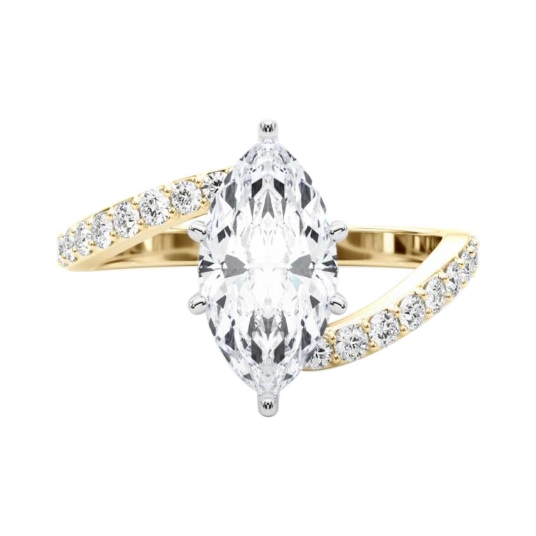 GIA 0.90 Carat Marquise Curved Bypass Pave Shank 18K Yellow Gold Diamond Ring