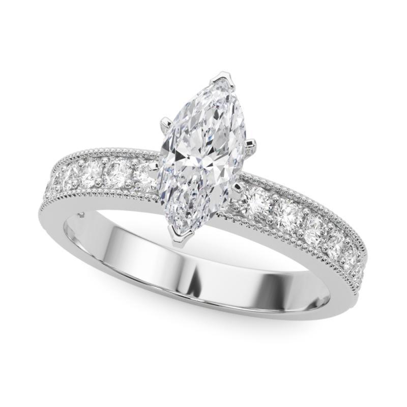 Taille Marquise GIA 0.90 Carat Marquise Vintage Milgrain Channel 18K White Gold Diamond Ring en vente
