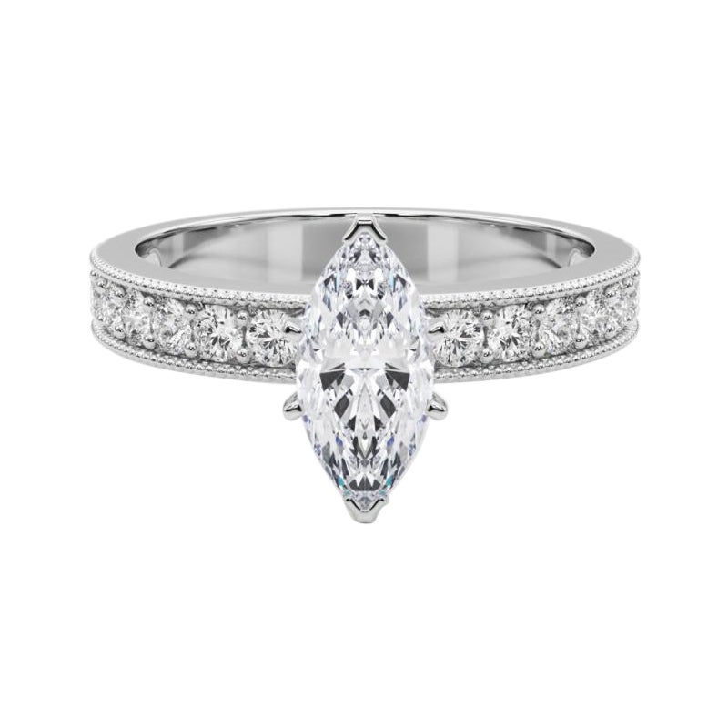 GIA 0.90 Carat Marquise Vintage Milgrain Channel 18K White Gold Diamond Ring