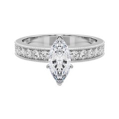 GIA 0.90 Carat Marquise Vintage Milgrain Channel 18K White Gold Diamond Ring