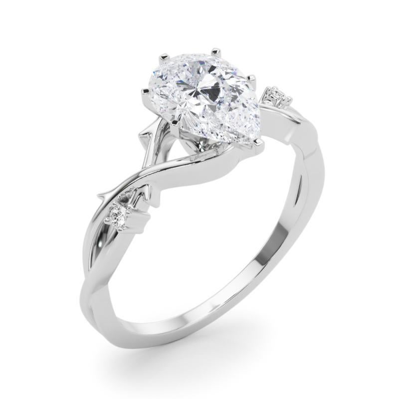 Women's GIA 0.90 Carat Pear Vine Band Nature Inspired 18K White Gold Diamond Ring For Sale