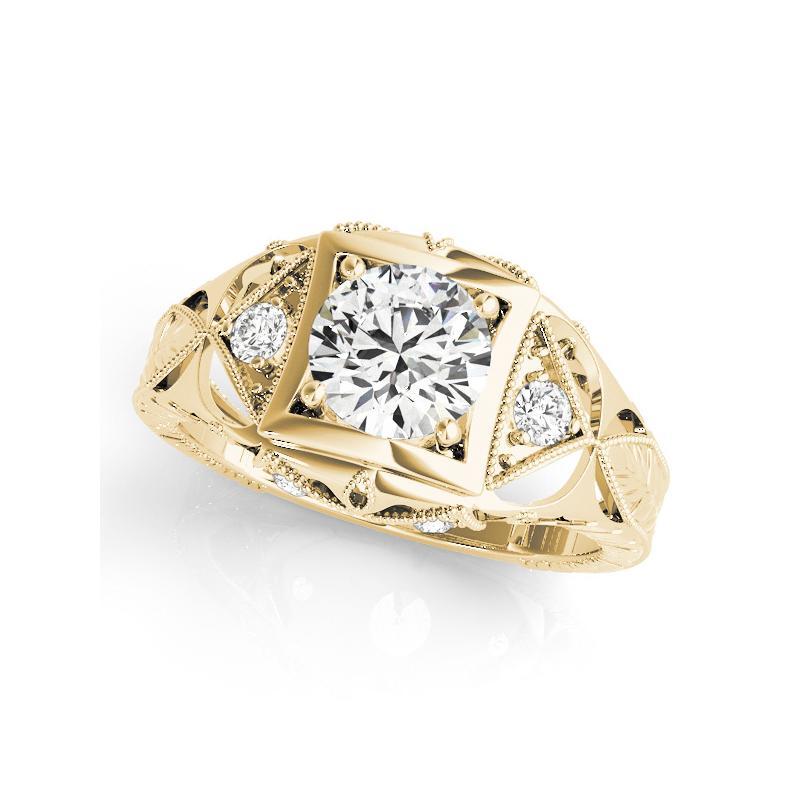 Round Cut GIA 0.90 Carat Round Antique Openwork Engraved 18K Yellow Gold Diamond Ring For Sale