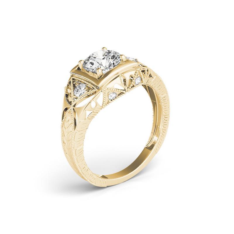Women's GIA 0.90 Carat Round Antique Openwork Engraved 18K Yellow Gold Diamond Ring For Sale