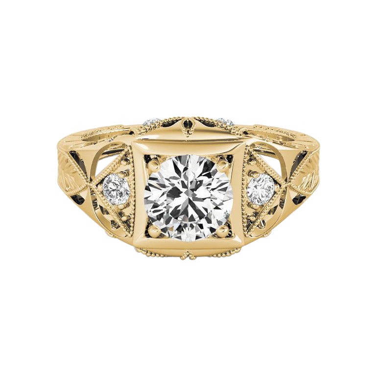 GIA 0.90 Carat Round Antique Openwork Engraved 18K Yellow Gold Diamond Ring For Sale