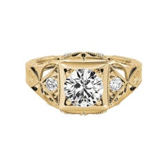 GIA Bague en or jaune 18 carats diamant rond de 0,90 carat, ajouré et gravé à l'ancienne