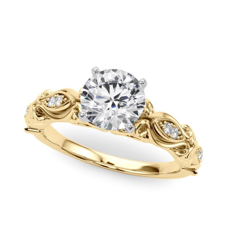 GIA Anillo de diamantes de oro amarillo de 18 quilates, redondo, de 0,90 quilates, Vintage Scrolling Ribbon Corte redondo en venta