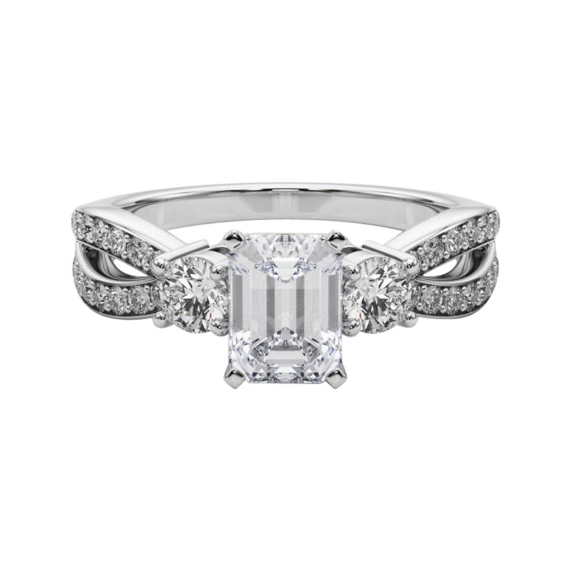 GIA Esmeralda de 0,90 ct Tres Piedras con Vástago Abierto Pave  Anillo de diamantes