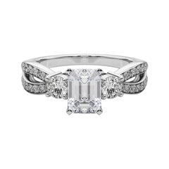 GIA 0,90ct Smeraldo a tre pietre con gambo diviso Pave  Anello con diamante