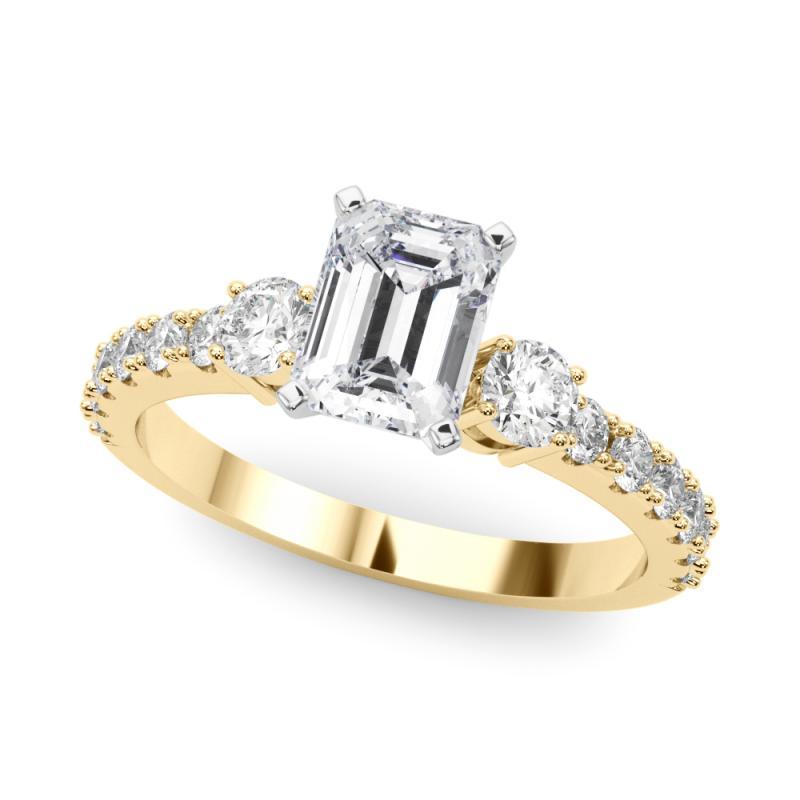 Emerald Cut GIA 0.90ct Emerald Three-Stone with Diamond Shank 18K Yellow Gold Diamond Ring For Sale