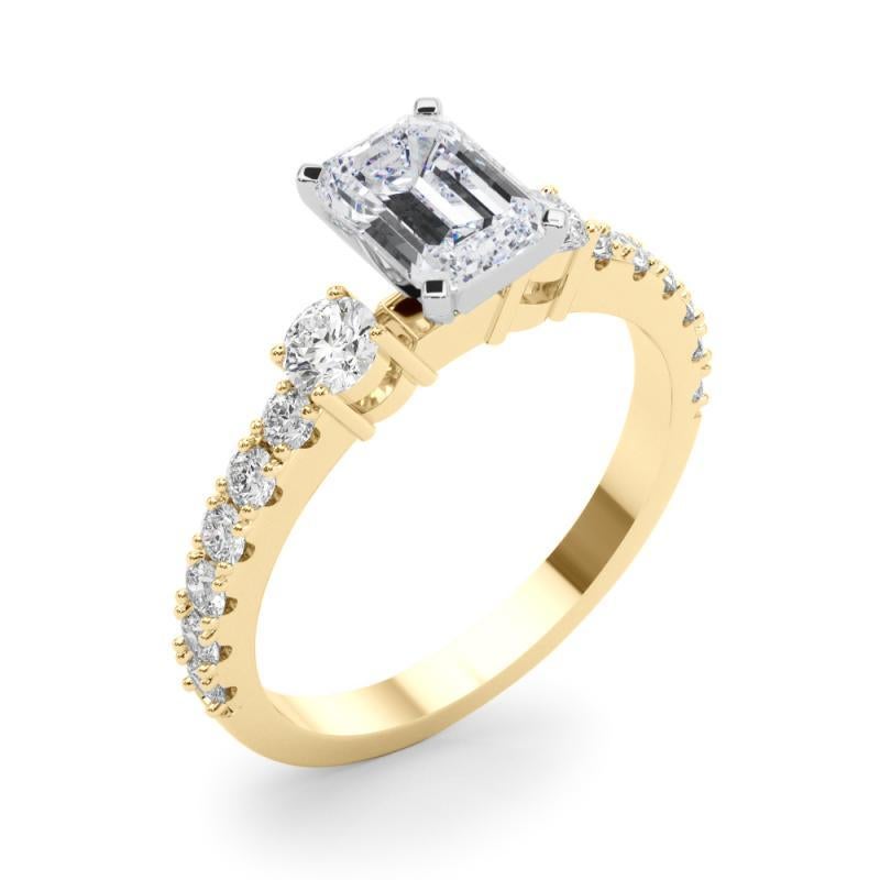 Women's GIA 0.90ct Emerald Three-Stone with Diamond Shank 18K Yellow Gold Diamond Ring For Sale