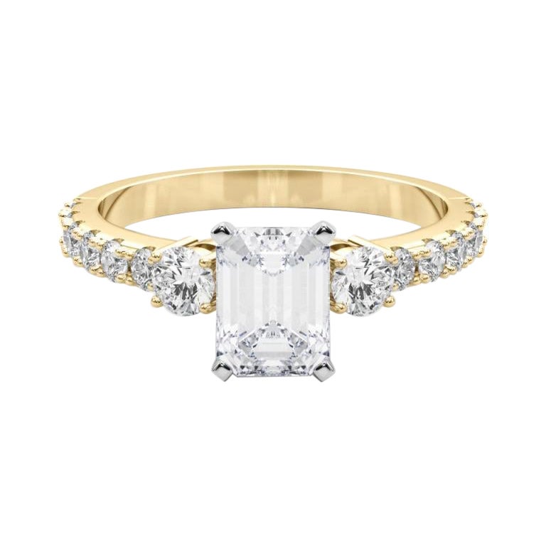 GIA 0.90ct Emerald Three-Stone with Diamond Shank 18K Yellow Gold Diamond Ring For Sale
