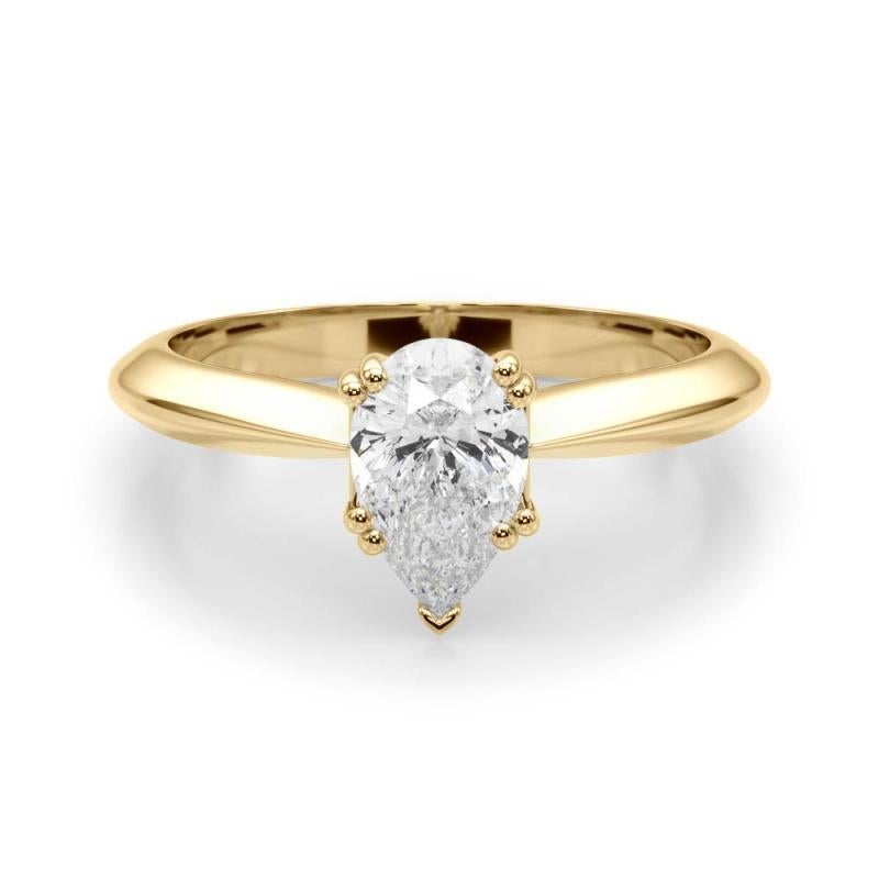 Pear Cut GIA 0.90ct Pear Solitaire Double Prong Cathedral 18K Yellow Gold Diamond Ring For Sale