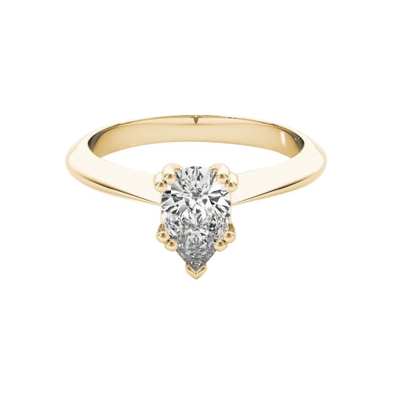 GIA 0.90ct Pear Solitaire Double Prong Cathedral 18K Yellow Gold Diamond Ring For Sale